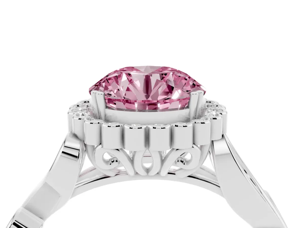 Fancy Pink Round Cut Diamond Halo Ring with Vintage Split Shank and Four-Prong Setting Silver