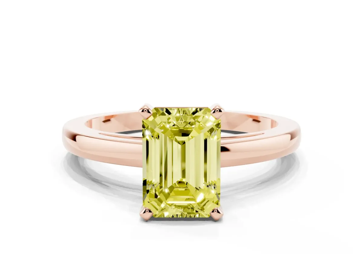 Fancy Yellow Emerald Cut Solitaire Diamond Engagement Ring with Four-Prong Setting on a Classic Band Rose gold
