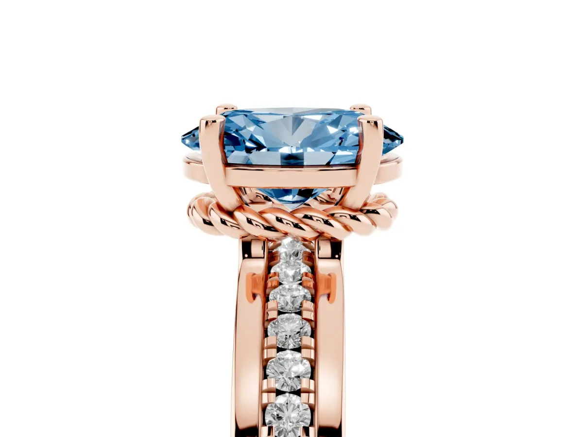 Fancy Blue Oval Cut Solitaire Diamond Ring with Channel Set Band and Six-Prong Setting Rose gold