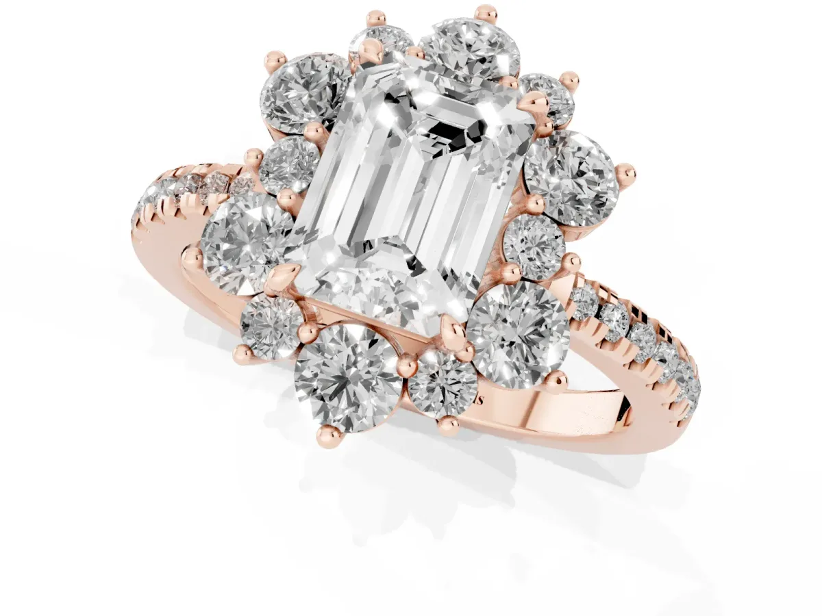 Emerald Cut Diamond Floral Halo Ring with Round Pavé Band and Prong Setting Rose gold
