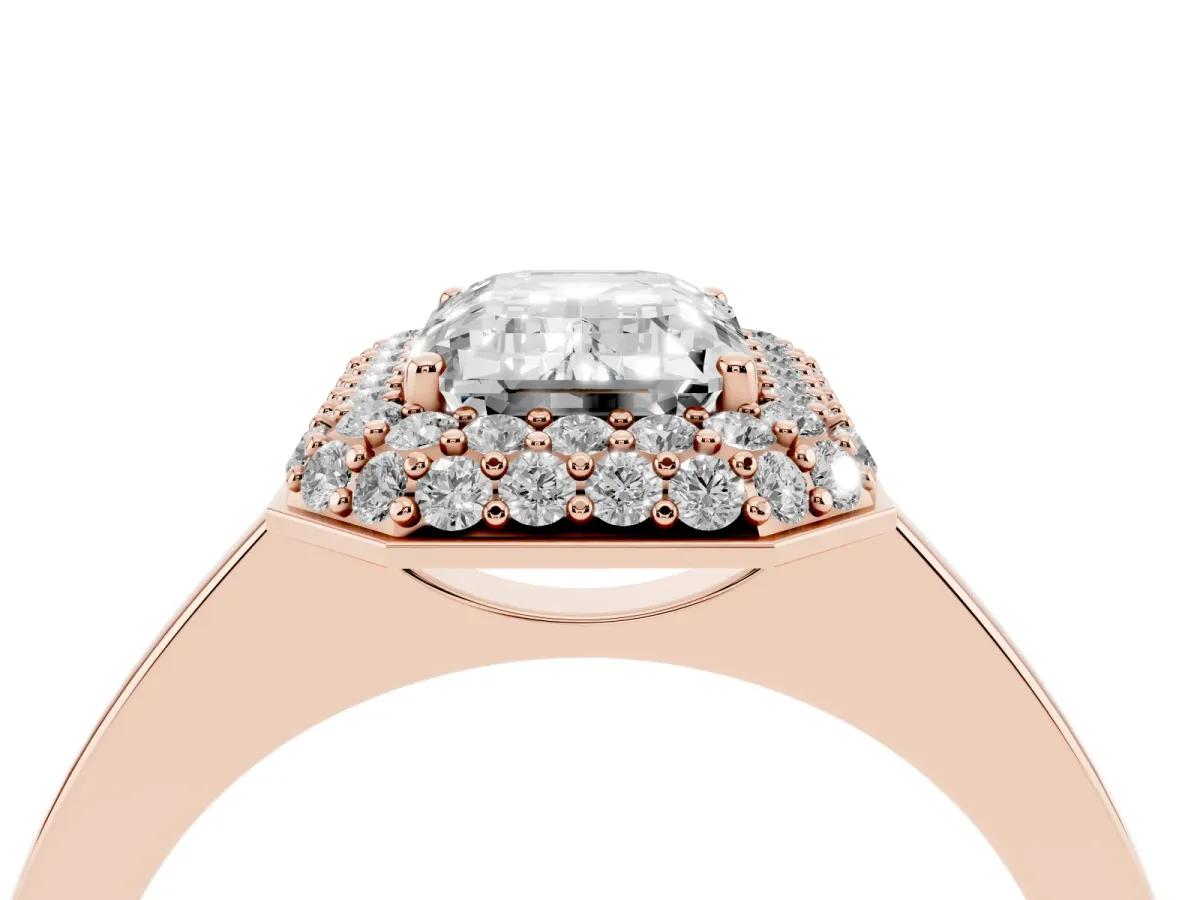 Emerald Cut Halo Diamond Engagement Ring with Solitaire Band and Four-Prong Setting Rose gold
