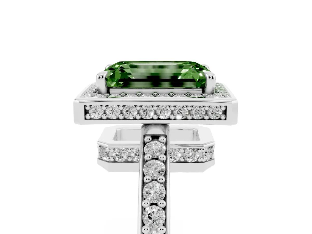 Fancy Green Emerald Cut Halo Pave Band Solitaire Ring with Prong Setting Silver