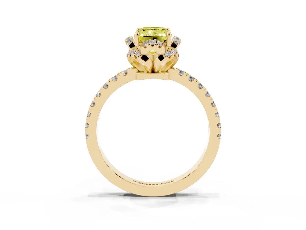 Fancy Yellow Emerald Cut Diamond Halo Pave Band with Four-Prong Setting Yellow gold