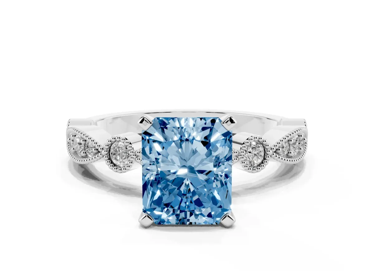 Fancy Blue Radiant Cut Milgrain Bezel Diamond Engagement Ring with Solitaire Prong Setting Silver