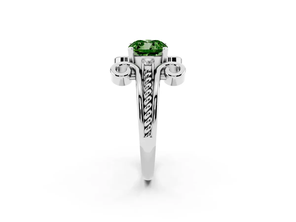 Fancy Green Cushion Cut Solitaire Twisted Band Scroll Prong Ring Silver