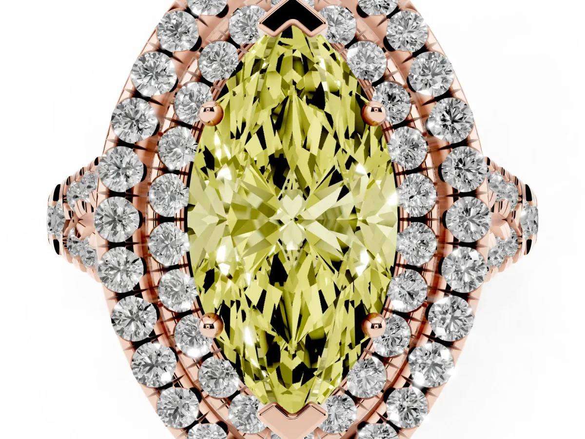 Fancy Yellow Double Halo Marquise Cut Diamond Pavé Split Shank Ring with Prong Setting Rose gold