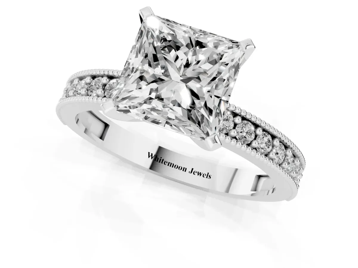 Princess Cut Diamond Milgrain Pavé Engagement Ring with Four-Prong Setting Platinum
