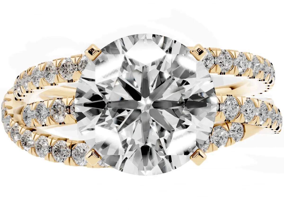 Round Cut Solitaire Twist Band with Pavé Setting and Four-Prong Setting Yellow gold