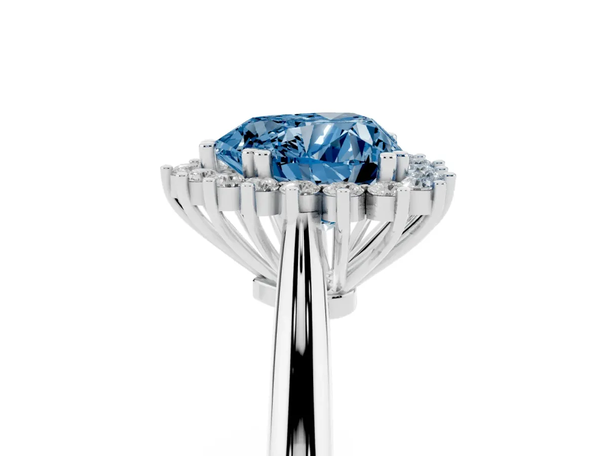 Fancy Blue Heart Cut Cut Diamond Halo Ring with Solitaire Band and Prong Setting Platinum