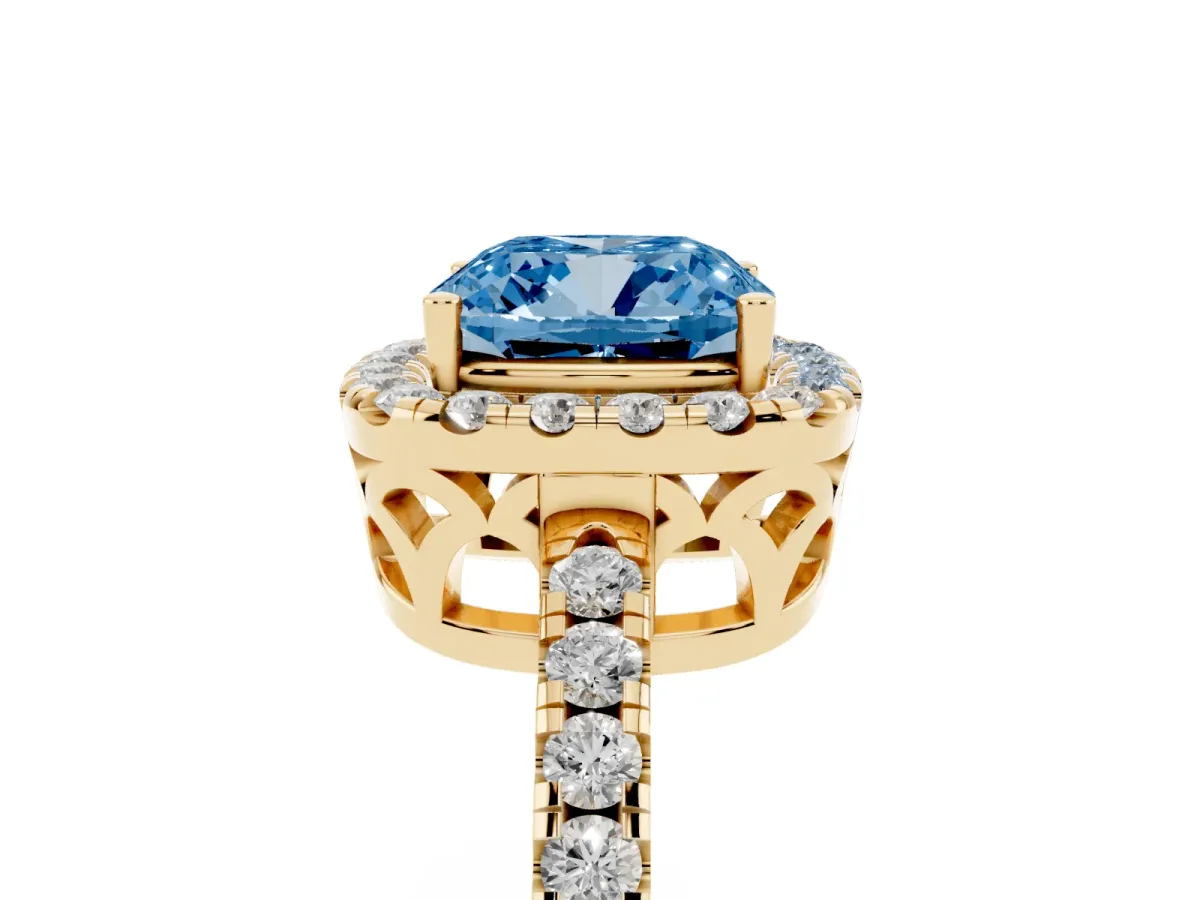 Fancy Blue Cushion Cut Halo Diamond Engagement Ring with Pavé Band and Four-Prong Setting Yellow gold
