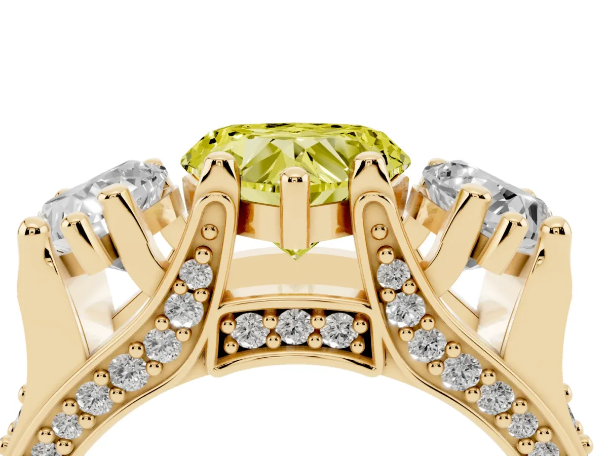Fancy Yellow Heart Cut Diamond Three-Stone Ring with Channel Set Band and Four-Prong Setting Yellow gold