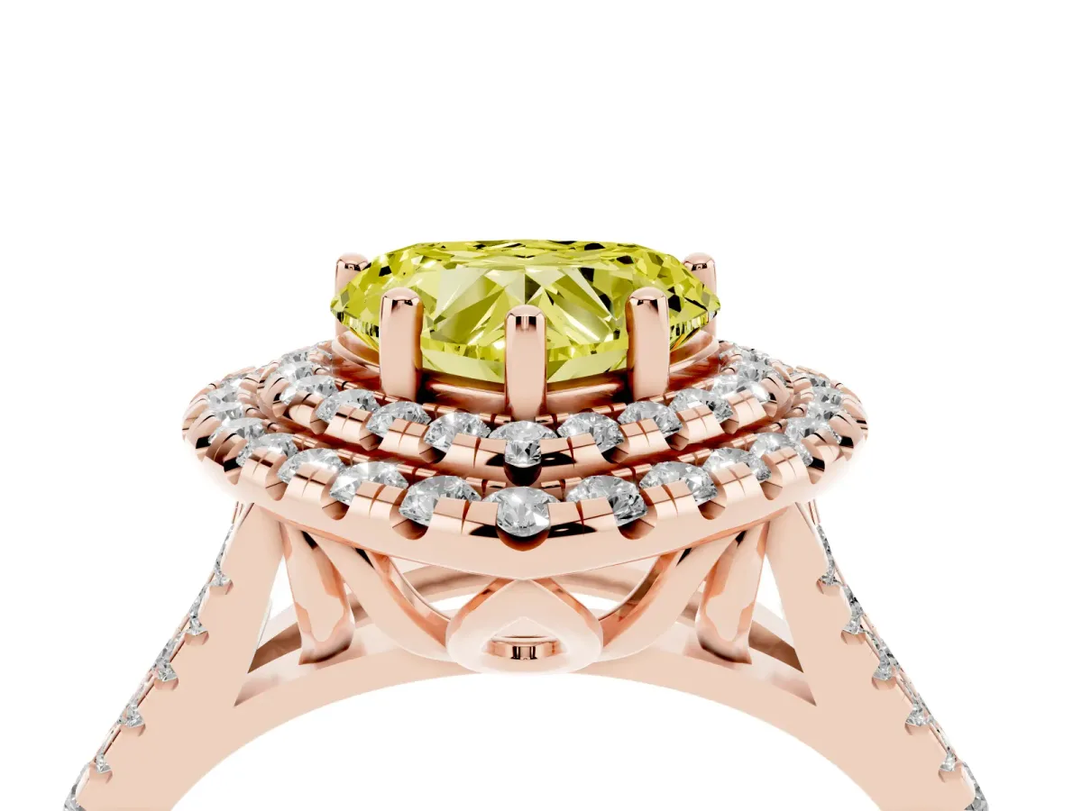 Fancy Yellow Double Halo Heart Cut Diamond Pavé Split Shank Ring with Prong Setting Rose gold