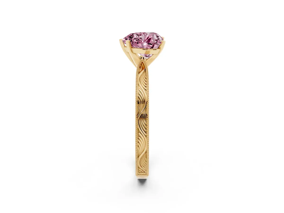 Fancy Pink Heart Cut Solitaire Milgrain Engraved Band with Four-Prong Setting Yellow gold