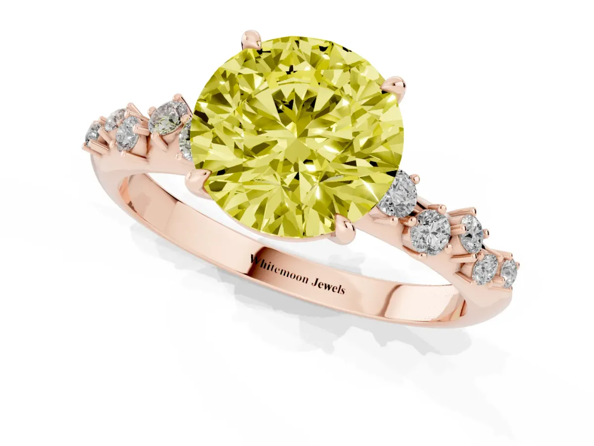 Fancy Yellow Round Cut Diamond Cluster Side Stone Solitaire Ring with Prong Setting Rose gold
