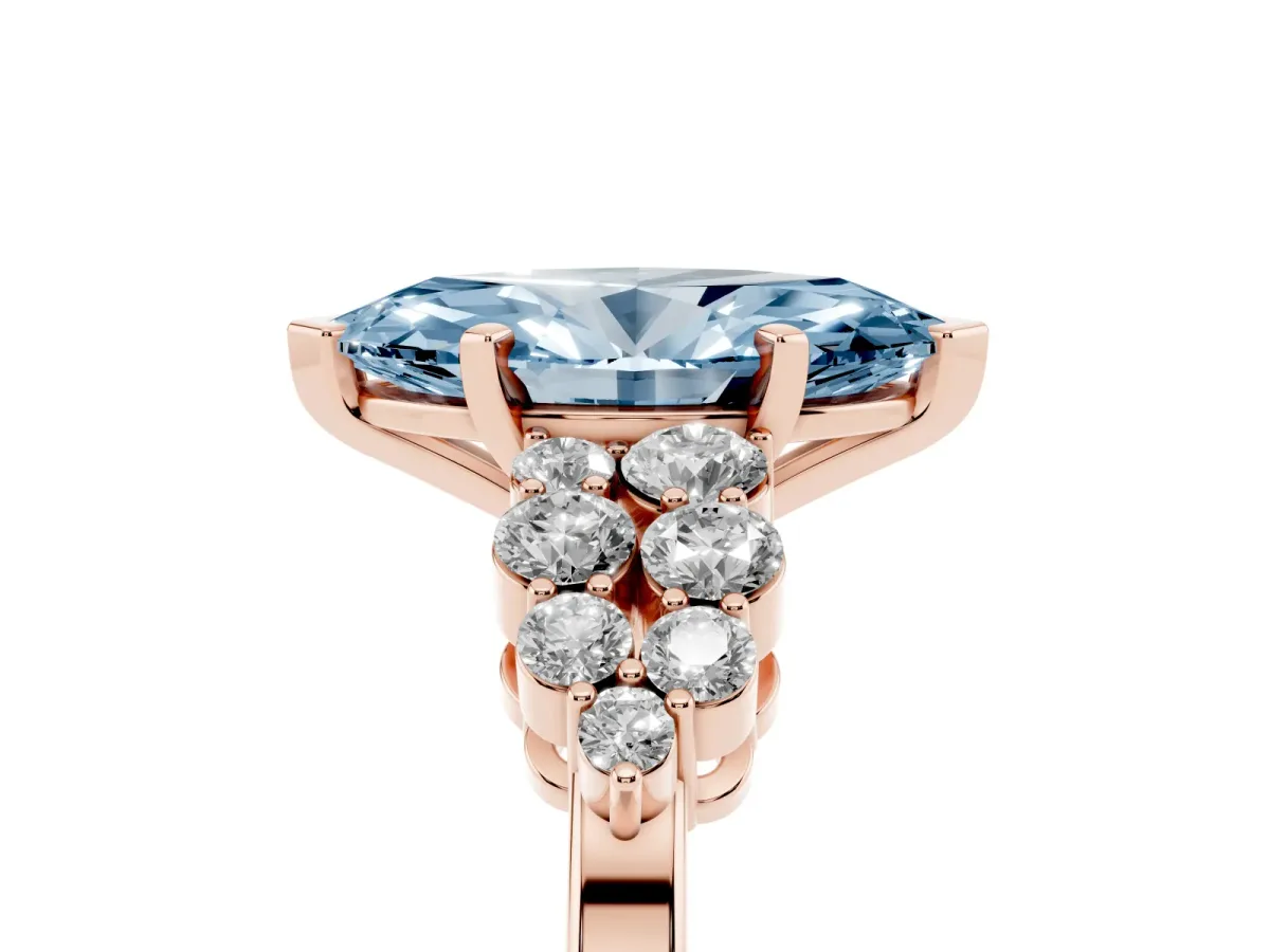Fancy Blue Marquise Cut Cluster Diamond Engagement Ring with Pavé Band and Four-Prong Setting Rose gold