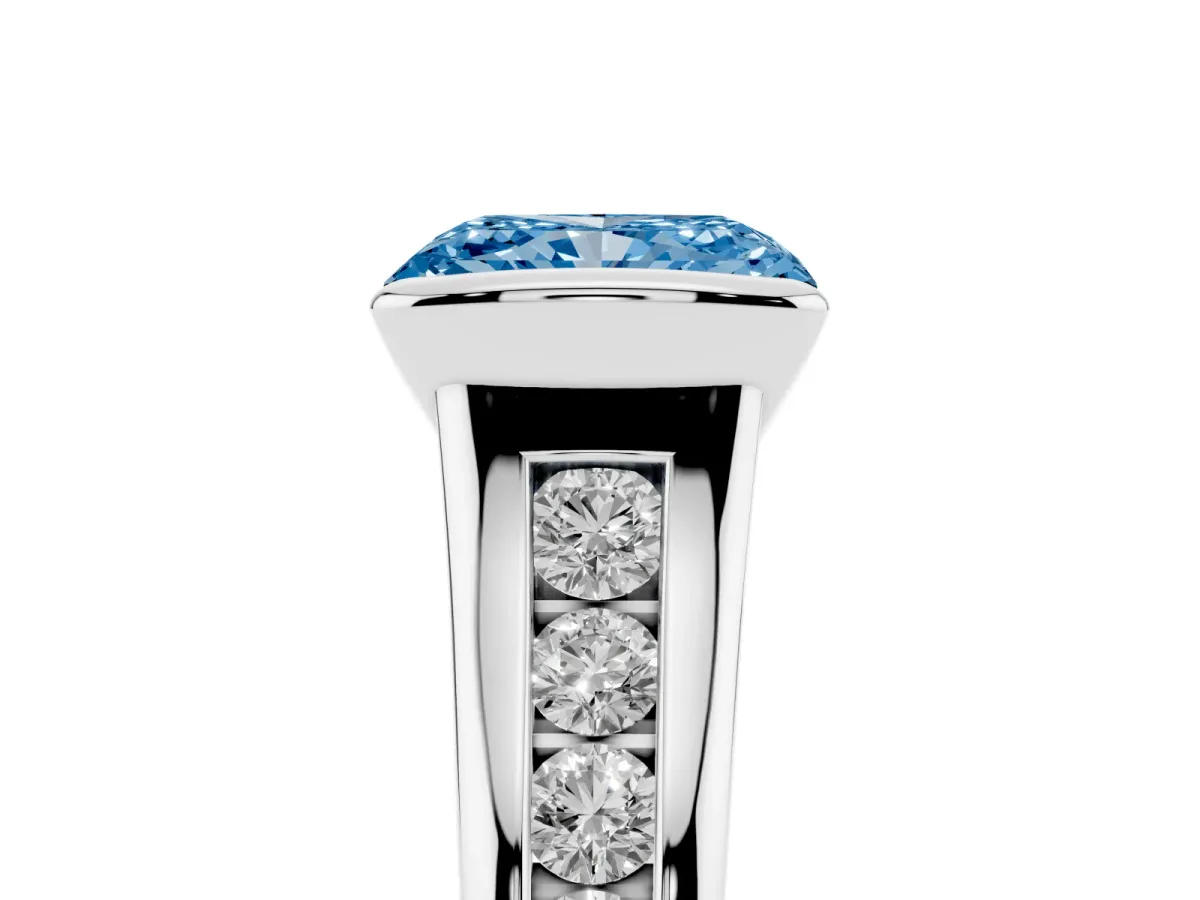 Fancy Blue Radiant Cut Solitaire Bezel-Set Diamond Ring with Channel-Set Band Silver