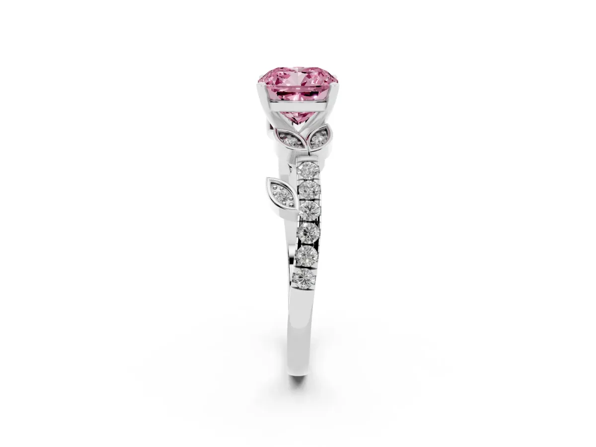 Fancy Pink Cushion Cut Solitaire Leaf-Inspired Diamond Ring with Pavé Band and Four-Prong Setting Silver
