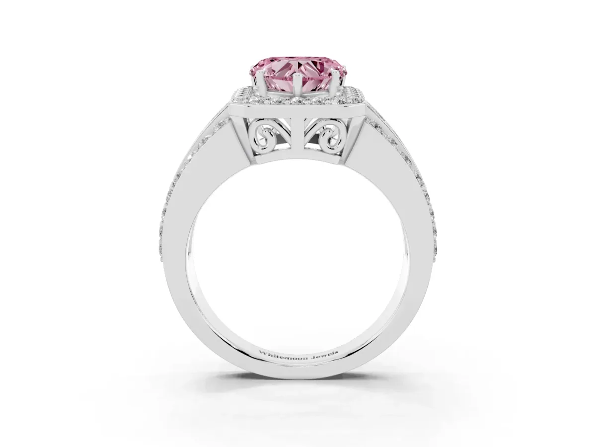 Fancy Pink Heart Cut Halo Diamond Ring with Round Split Shank and Prong Setting Platinum