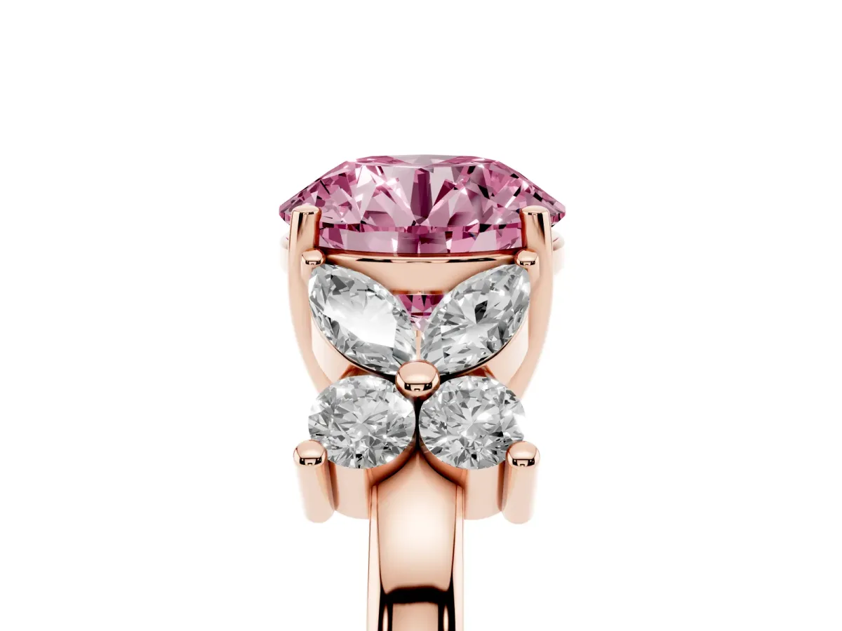 Fancy Pink Round Cut Diamond Floral Cluster Ring with Solitaire Band and Prong Setting Rose gold