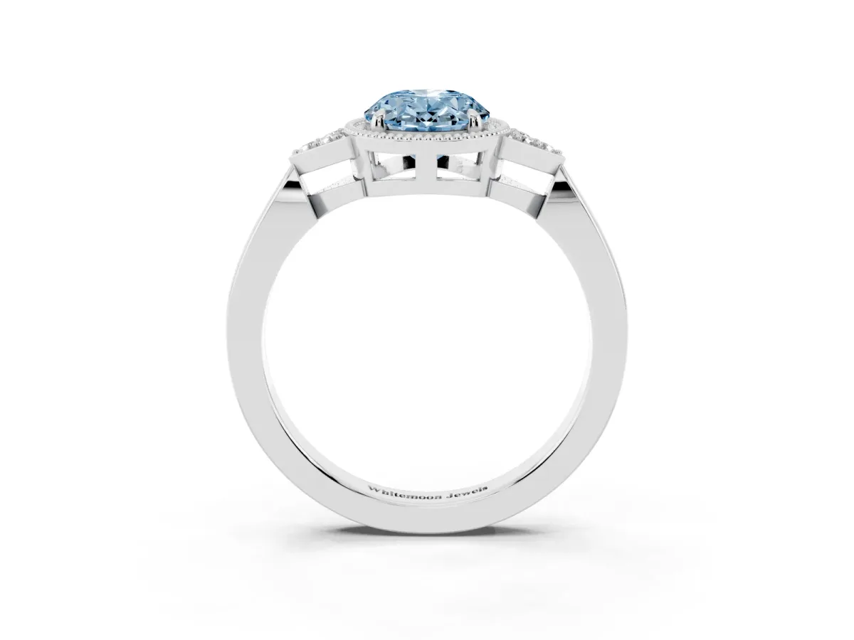 Fancy Blue Hexagonal Halo Oval Cut Diamond Solitaire with Pavé Band and Four-Prong Setting Silver