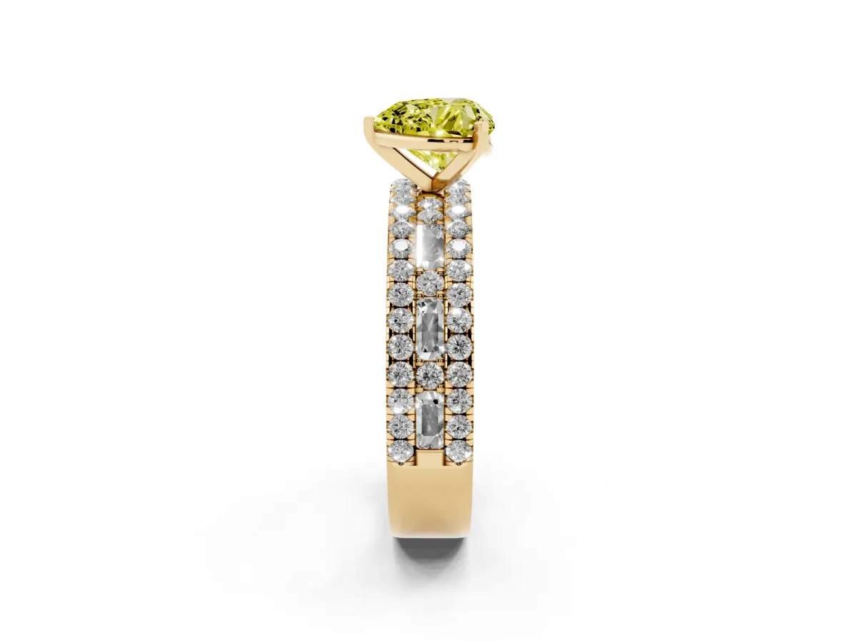 Fancy Yellow Heart Cut Diamond Solitaire Ring with Pavé and Channel Set Band Yellow gold