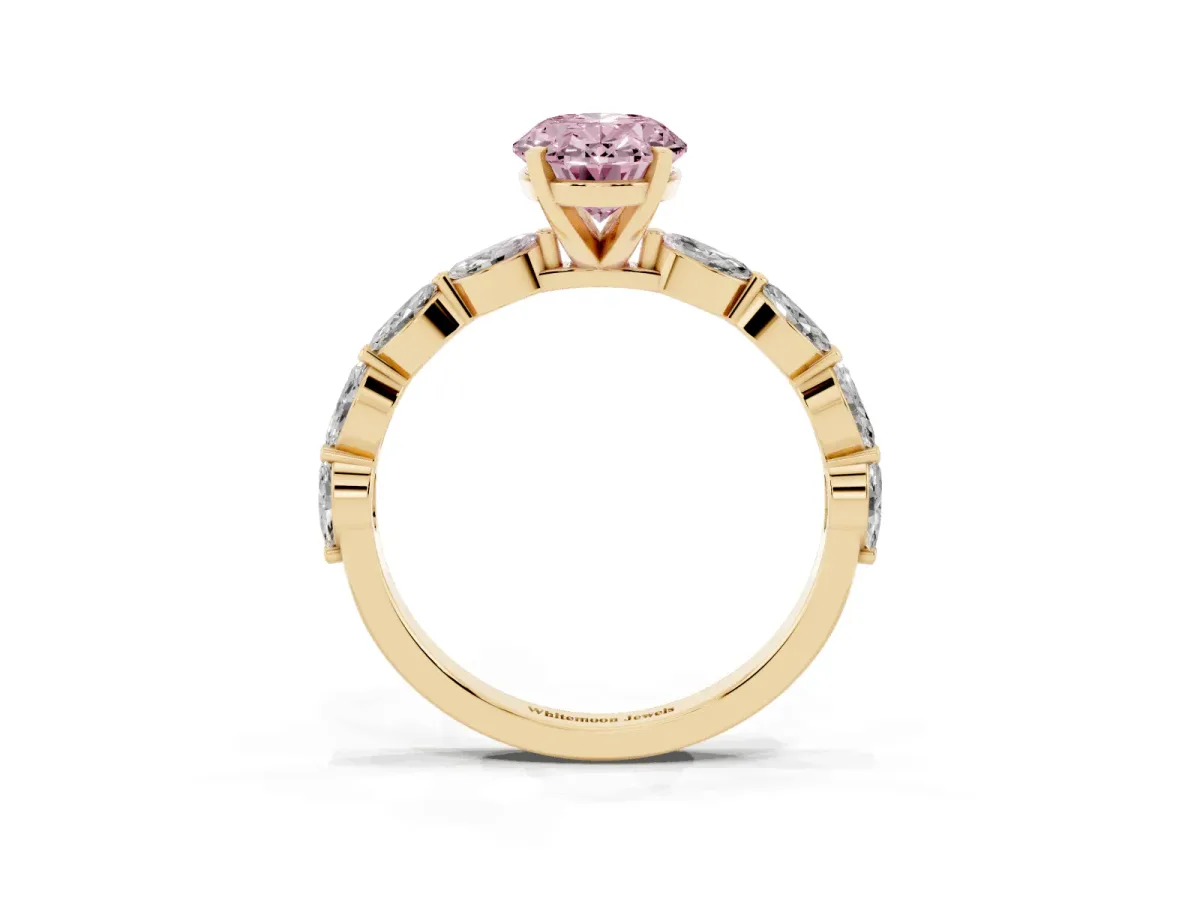 Fancy Pink Oval Cut Diamond Ring with Marquise Side Stones and Prong Setting Yellow gold