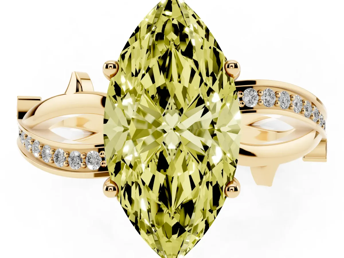 Fancy Yellow Marquise Cut Solitaire Twist Band with Pavé Accents and Four-Prong Setting Yellow gold