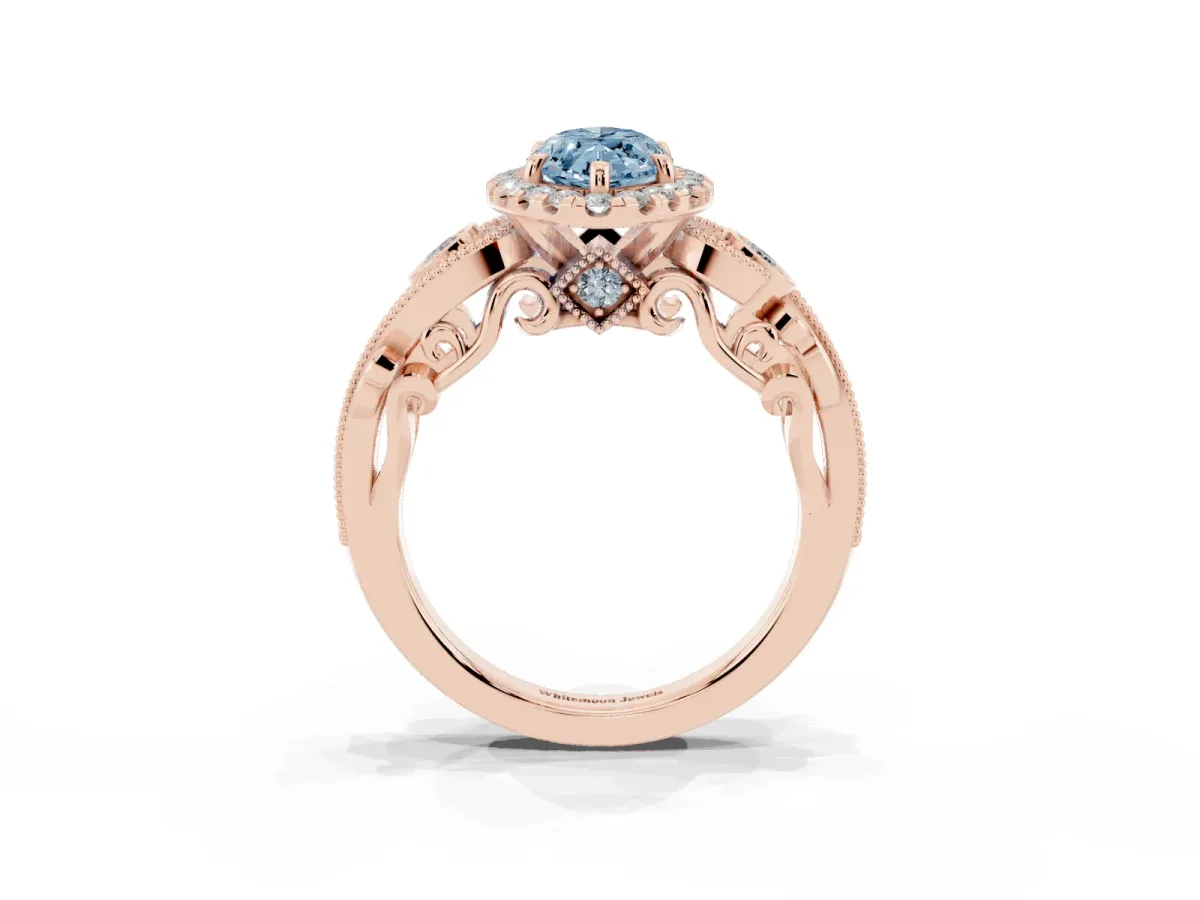Fancy Blue Marquise Cut Halo Diamond Ring with Milgrain and Bezel Accents on a Split Shank Band Rose gold