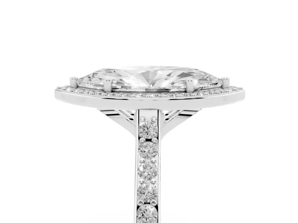 Marquise Cut Diamond Halo Engagement Ring with Round Pavé Shoulders and Prong Setting Platinum