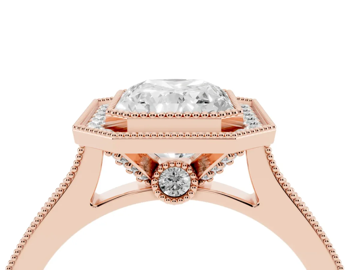 Halo Radiant Cut-Cut Diamond Pave Band Milgrain Prong Setting Ring Rose gold
