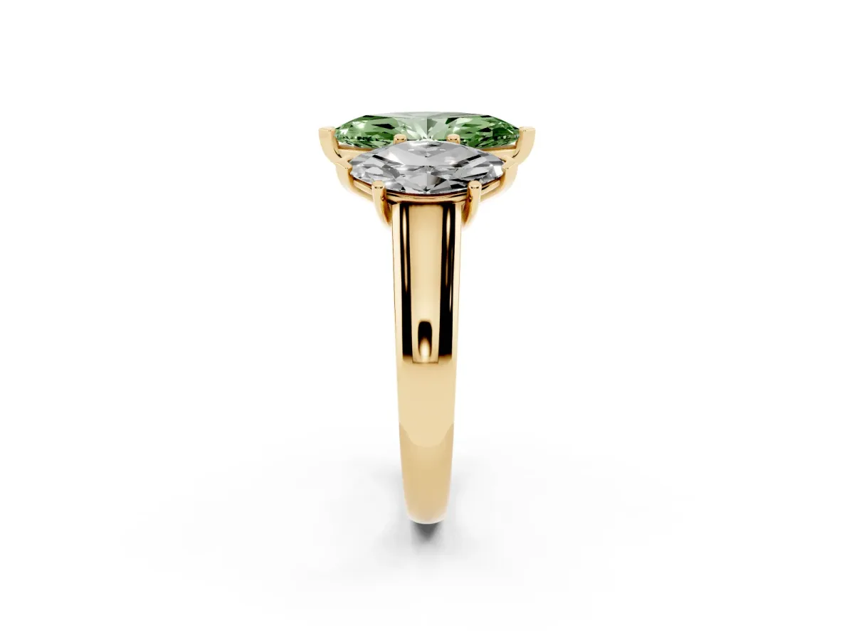 Fancy Green Marquise Cut Three-Stone Diamond Ring with Prong Setting on a Classic Band Yellow gold