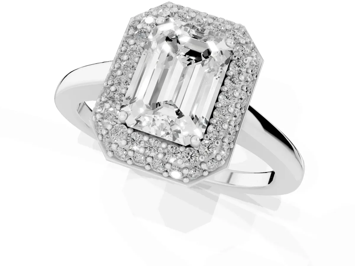 Emerald Cut Halo Diamond Engagement Ring with Solitaire Band and Four-Prong Setting Silver