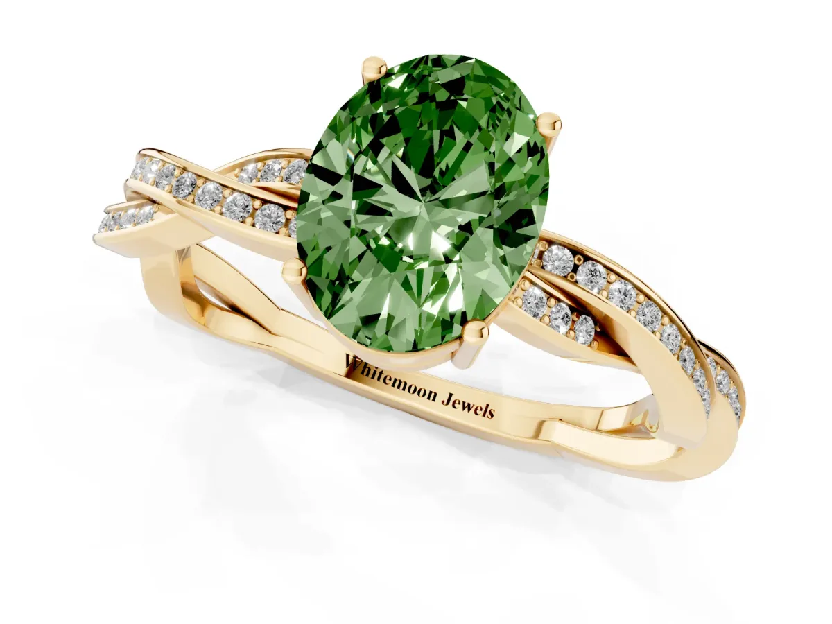 Fancy Green Oval Cut Solitaire Twisted Pave Diamond Ring with Four-Prong Setting Yellow gold