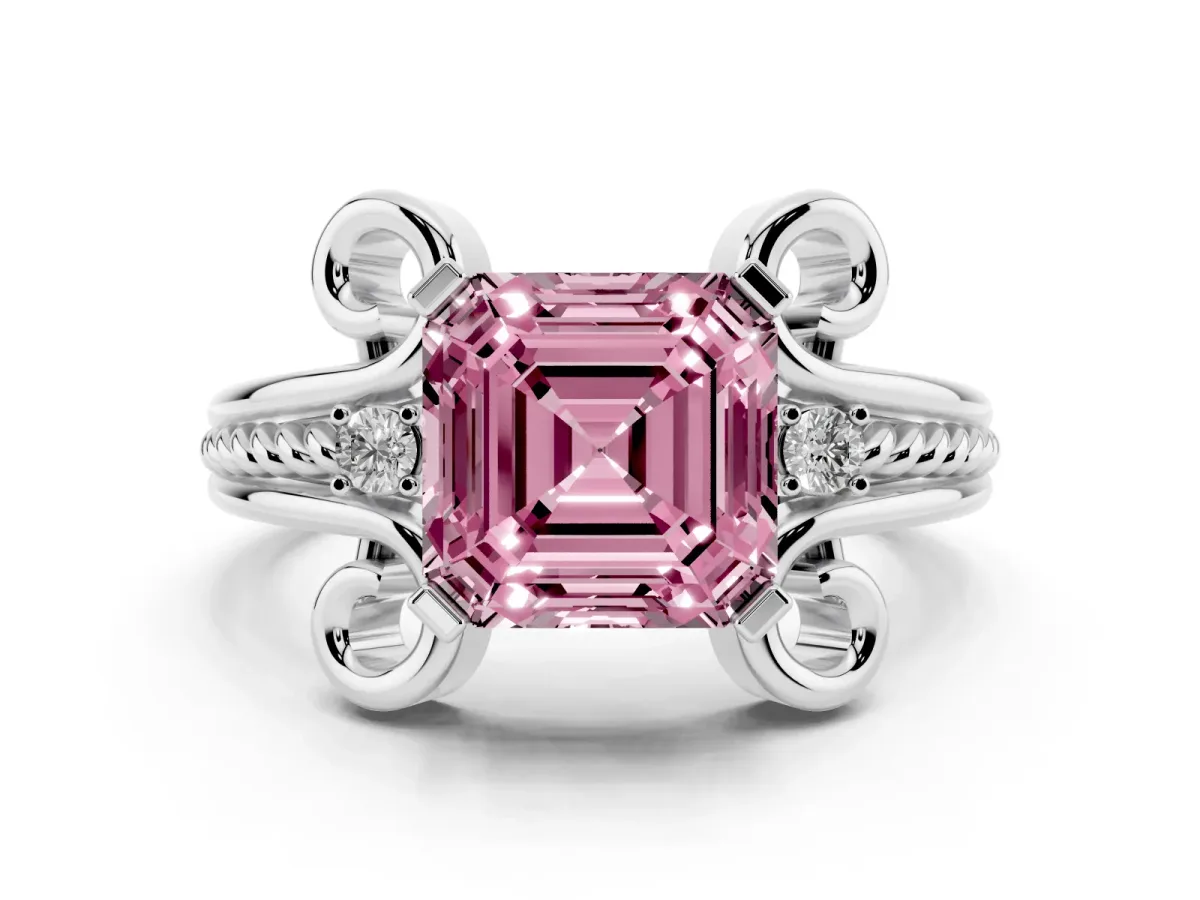 Fancy Pink Asscher Cut Solitaire Twisted Band Scroll Prong Ring White gold