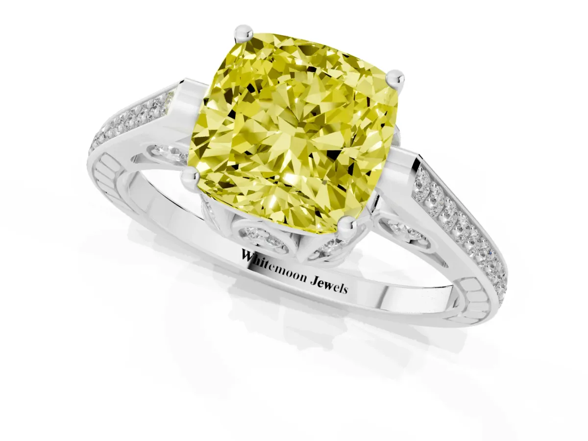 Fancy Yellow Cushion Cut Cut Cathedral Pave Diamond Engagement Ring with Six-Prong Setting Silver