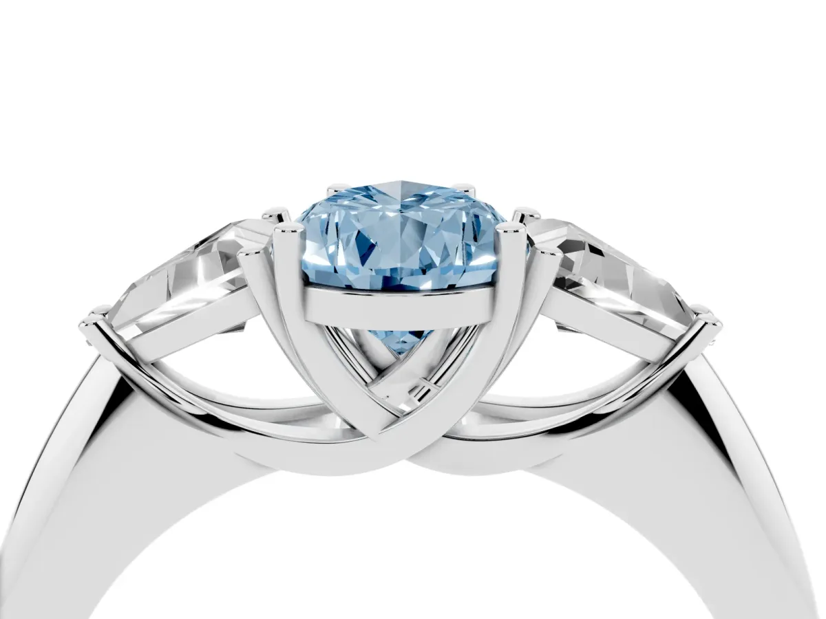 Fancy Blue Three-Stone Pear Cut Diamond Engagement Ring with Trillion Side Stones and Prong Setting Silver