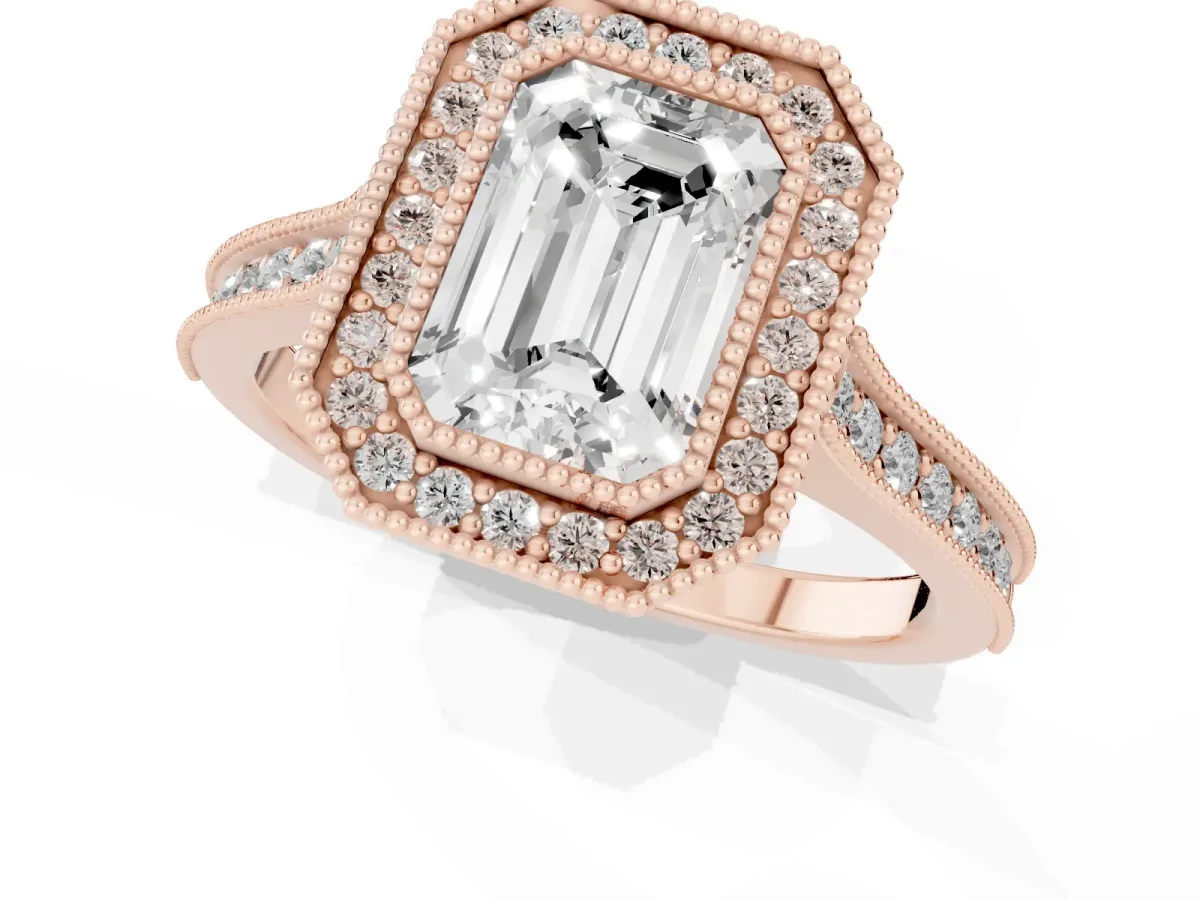 Halo Emerald Cut-Cut Diamond Pave Band Milgrain Prong Setting Ring Rose gold