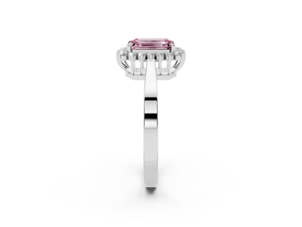 Fancy Pink Emerald Cut Cut Diamond Halo Ring with Round Brilliant Halo and Solitaire Band Platinum