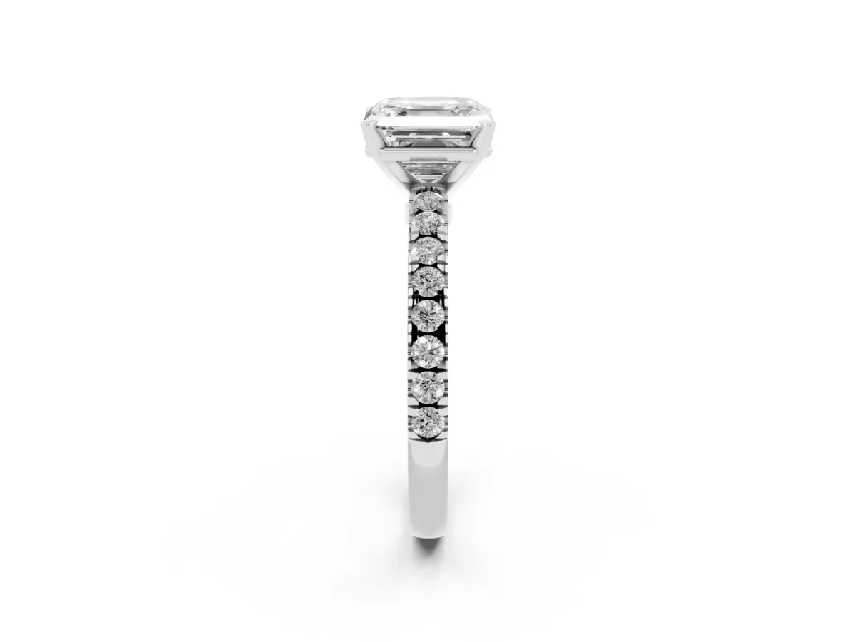Asscher Cut Solitaire Diamond with Pavé Band and Four-Prong Setting Silver