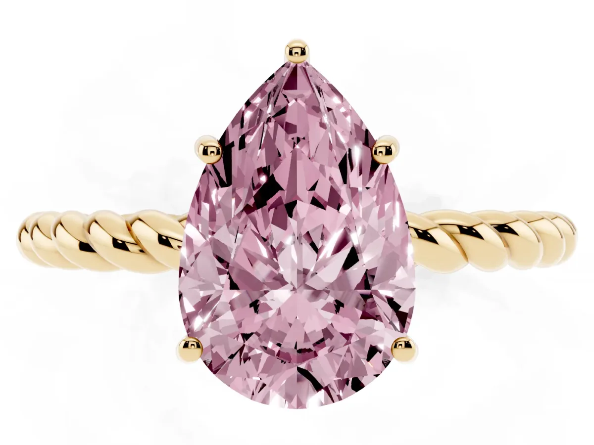 Fancy Pink Pear Cut Solitaire Twist Band Ring with Four-Prong Setting Yellow gold