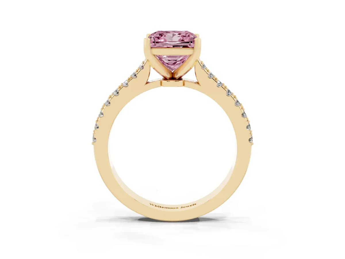 Fancy Pink Princess Cut Cut Solitaire Diamond Engagement Ring with Pave Band and Four-Prong Setting Yellow gold