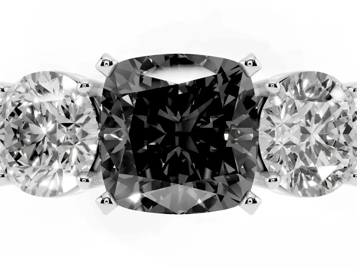 Fancy Black Three-Stone Cushion Cut Diamond Ring with Round Side Stones, Classic Band, and Four-Prong Setting Silver