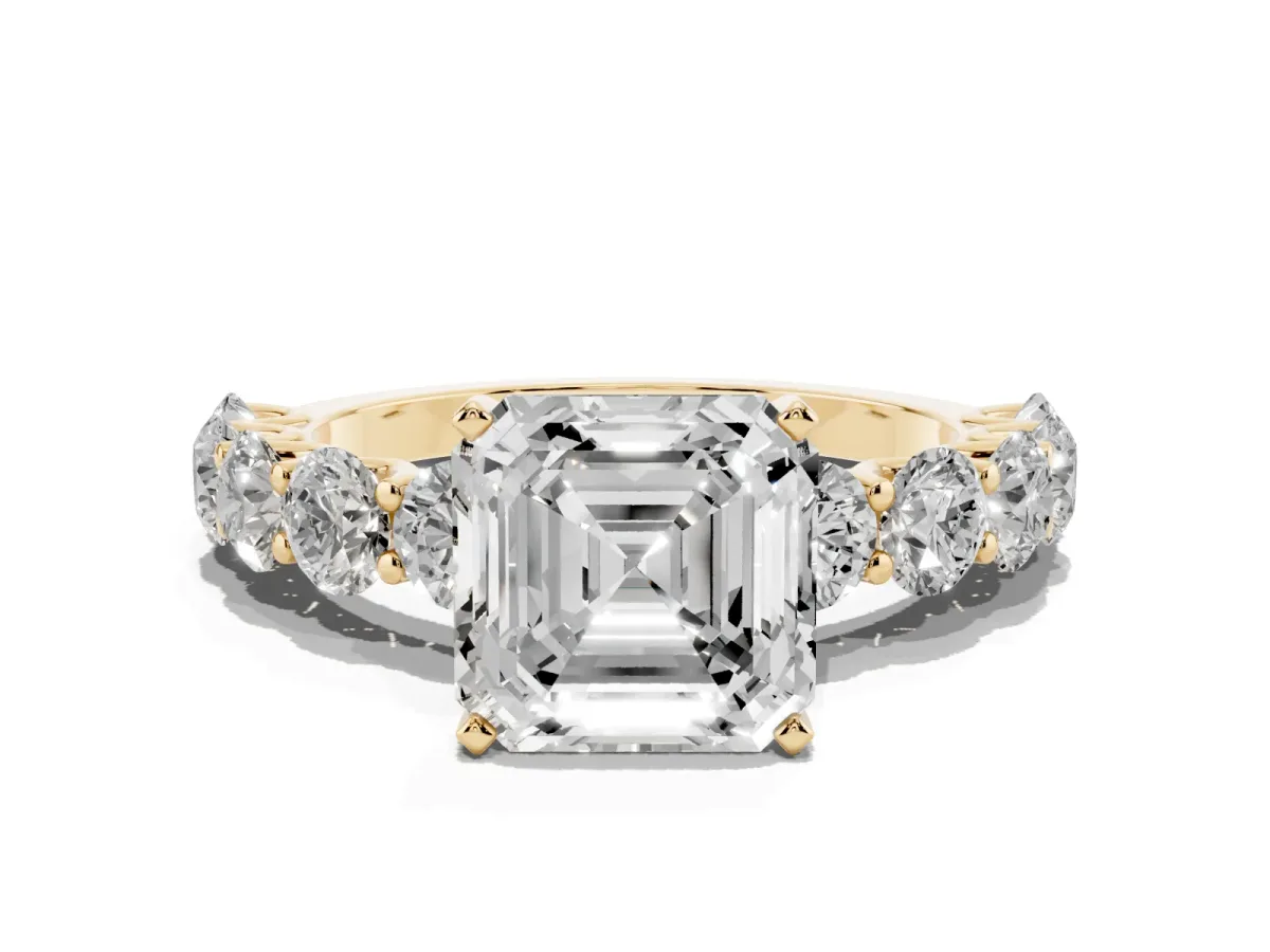 Asscher Cut Diamond Prong Setting with Side Stones on a Pave Band Yellow gold