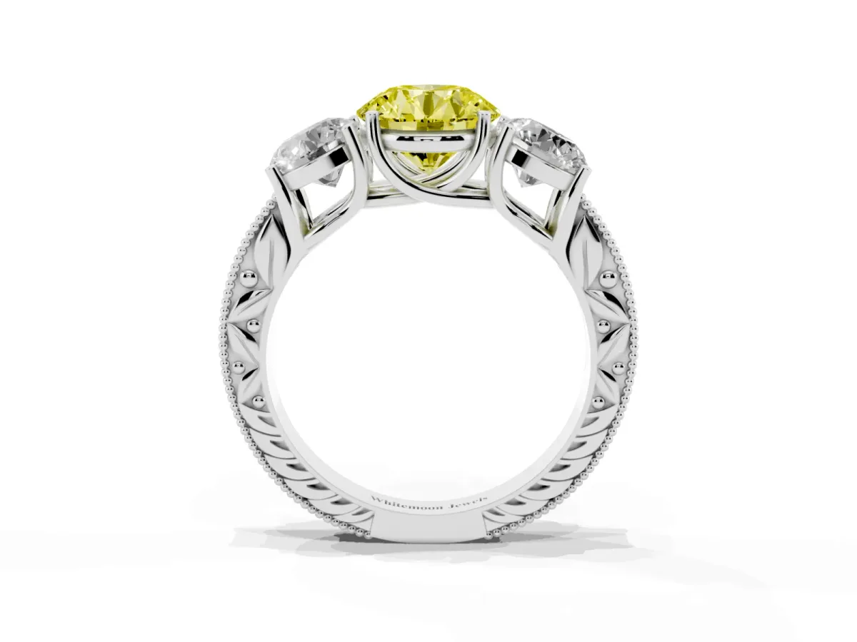 Fancy Yellow Three-Stone Round Cut Cut Milgrain Pavé Engagement Ring White gold