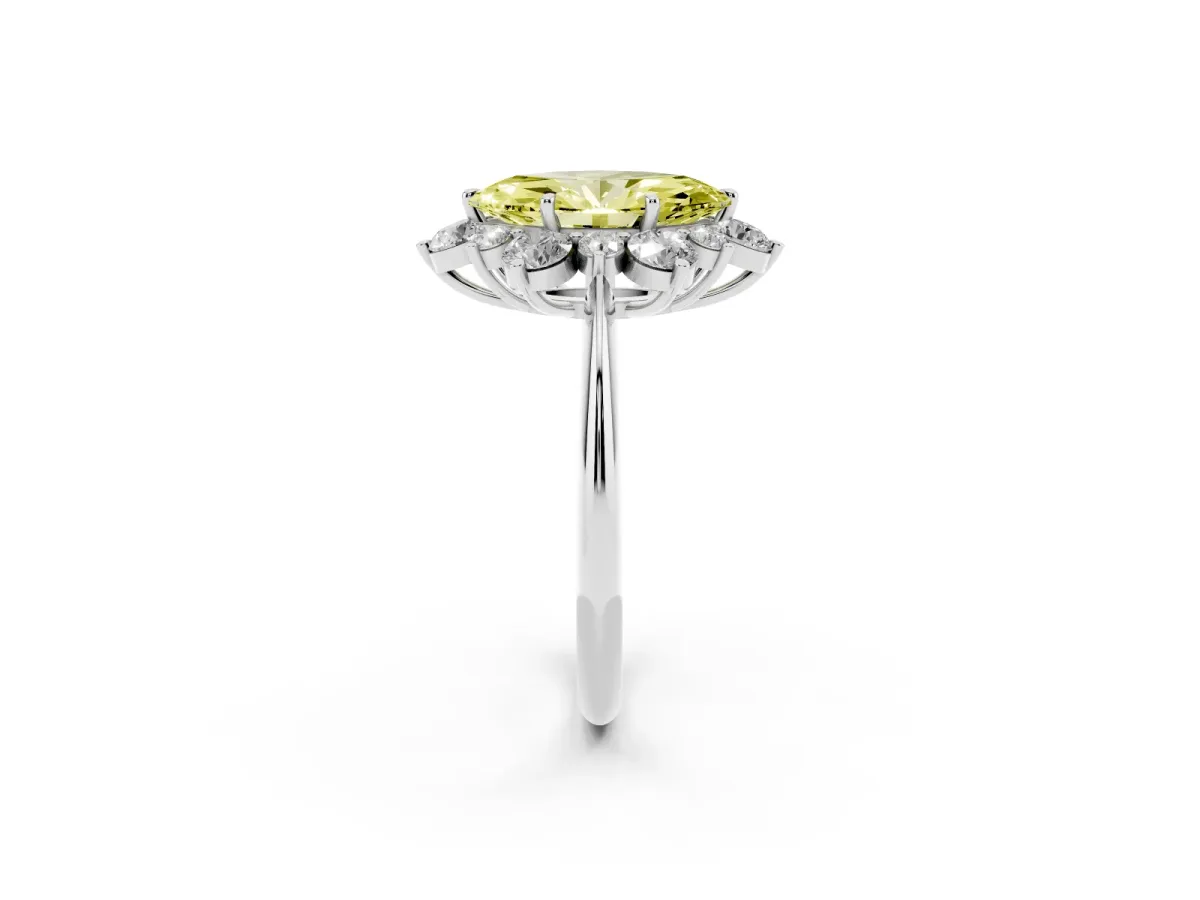 Fancy Yellow Marquise Cut Diamond Cluster Halo Ring with Solitaire Band and Four-Prong Setting Silver
