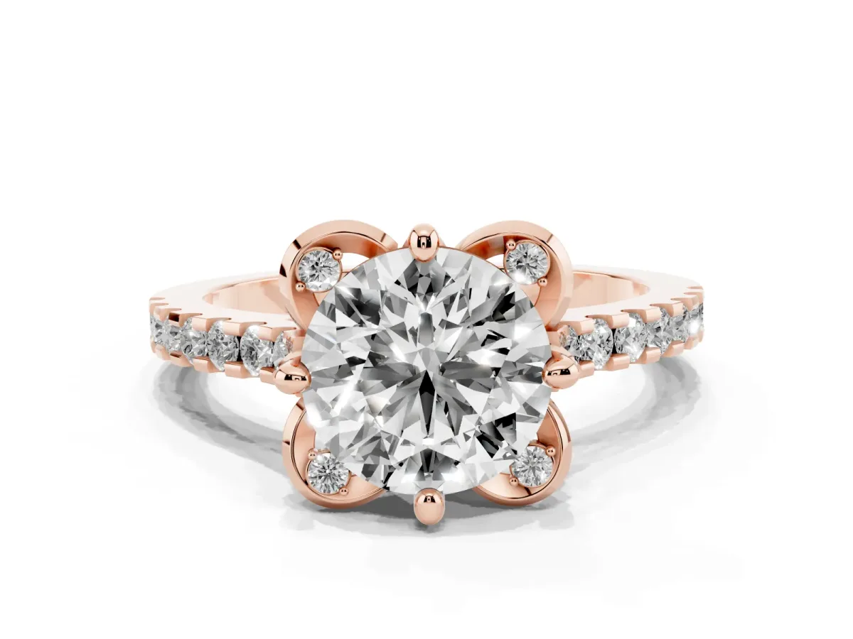 Round Cut Diamond Ring with Pavé Band and Floral Prong Setting Rose gold
