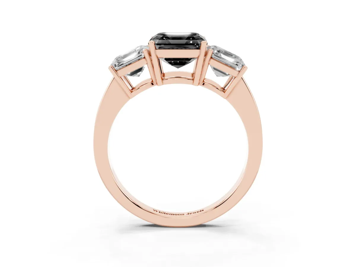 Fancy Black Three-Stone Asscher Cut Cut Diamond Engagement Ring with Flat Band and Four-Prong Setting Rose gold