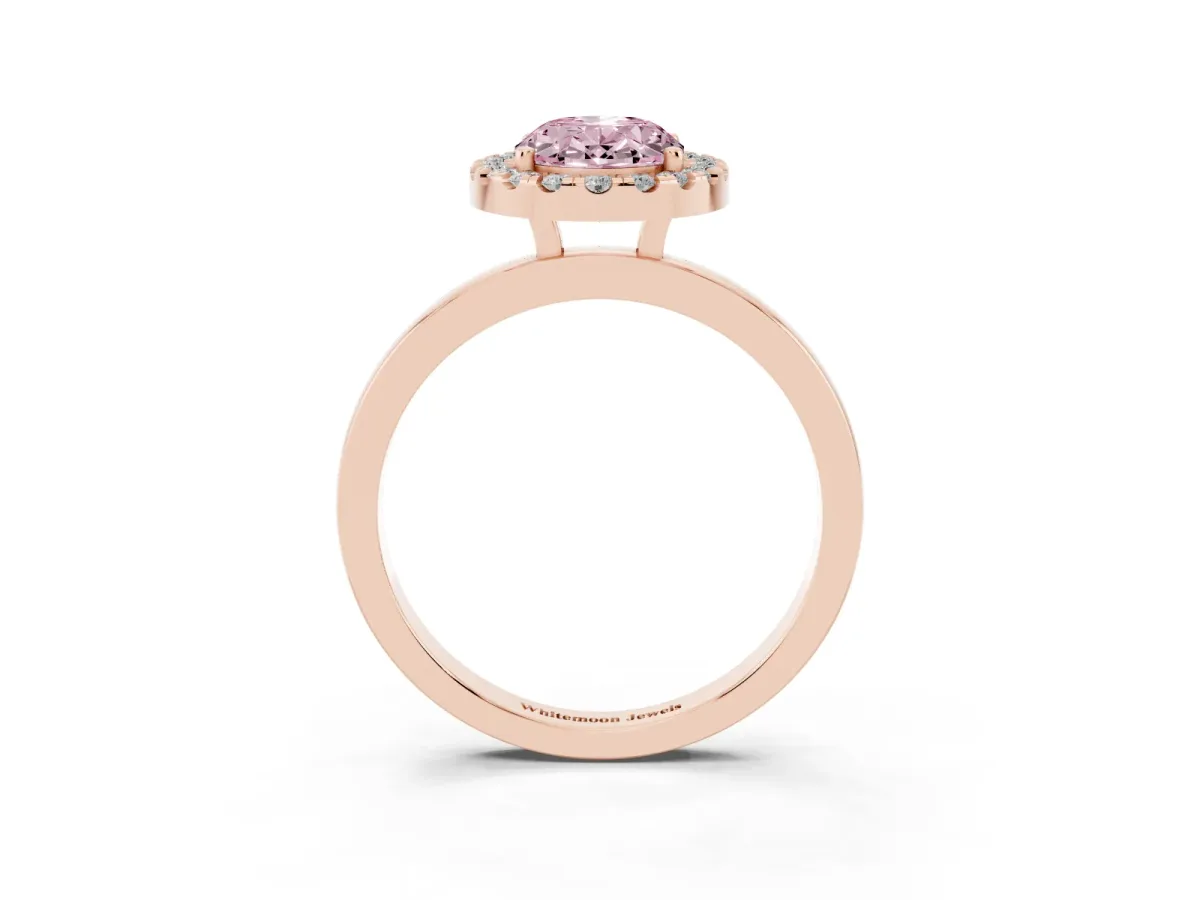 Fancy Pink Oval Cut Halo Diamond Solitaire with Pavé Band and Four-Prong Setting Rose gold