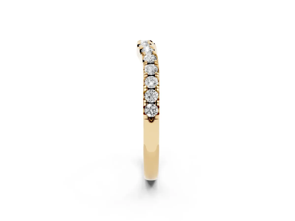 Round Diamond Curved Pavé Wedding Band with Shared Prong Setting Yellow gold
