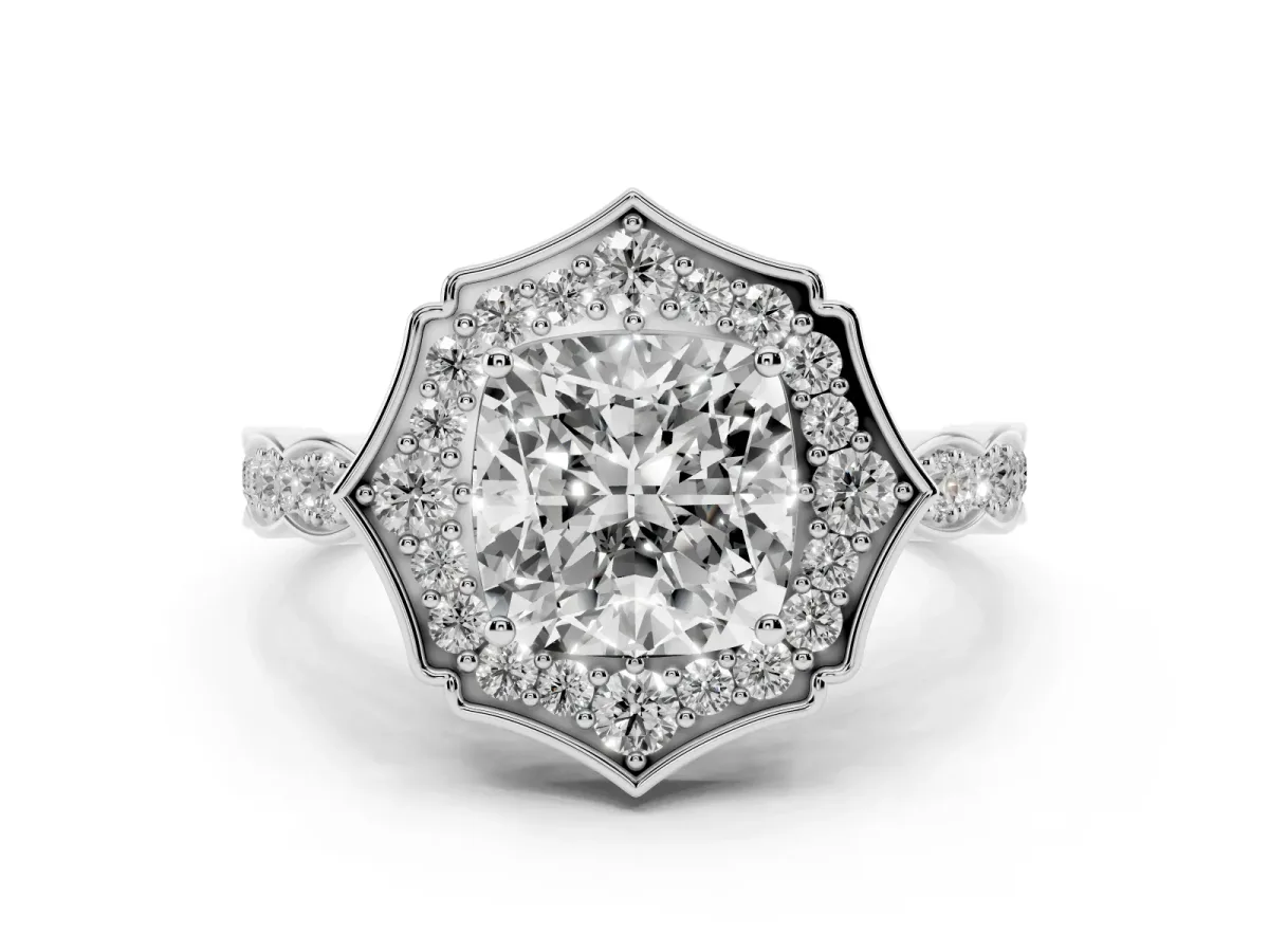 Cushion Cut Halo Diamond Engagement Ring with Milgrain Band and Four-Prong Setting White gold